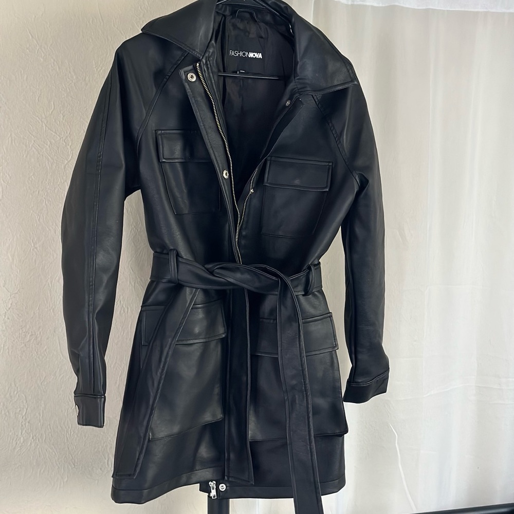 Faux Leather Belted Coat - Picture 2 of 5